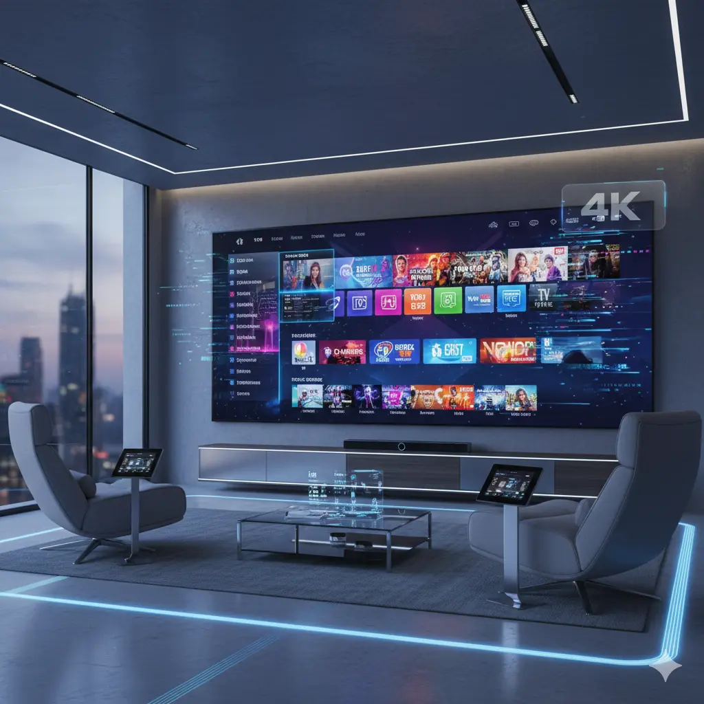 IPTV subscription with 30,000+ live channels, 100,000 movies and series, 4K streaming on Smart TVs, Android, iOS, and Firestick